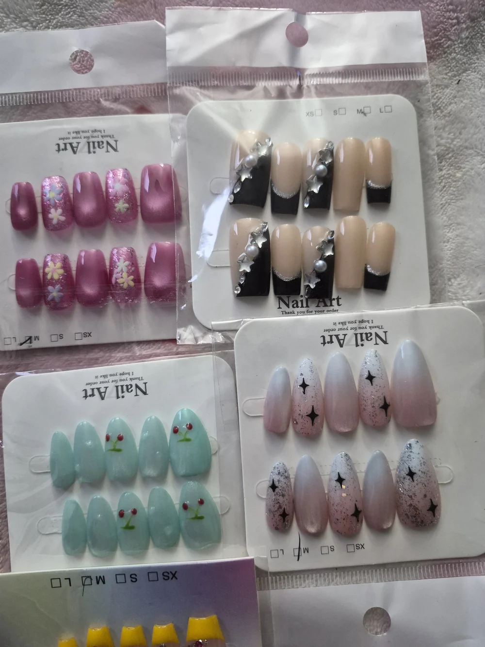 Assorted Press-On Nail Sets – Pink, Purple, Black, Mint, Yellow, Nude